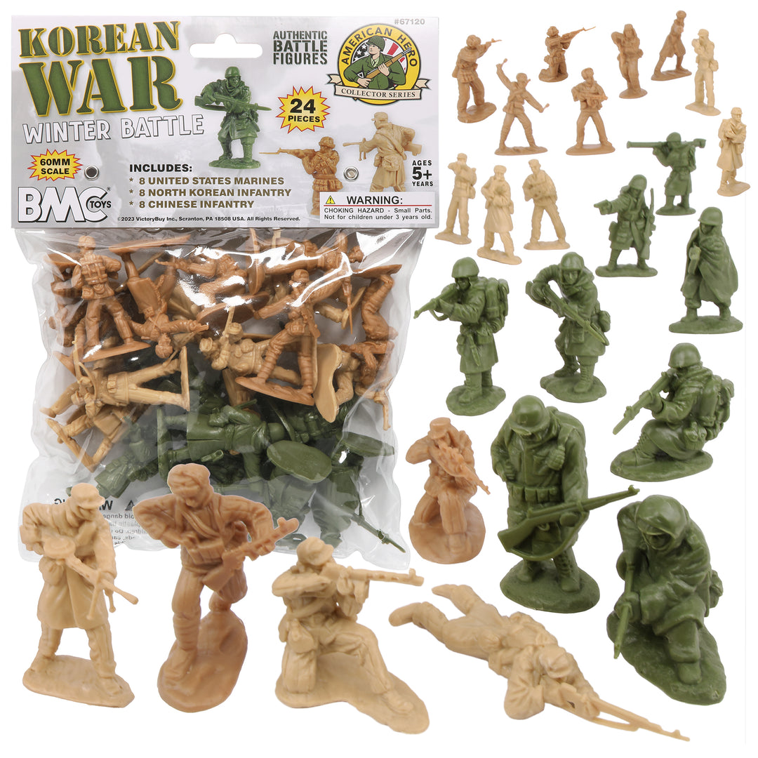 BMC Korean  War,  winter battle figures.  8 US, 8 North Korean, 8 Chinese soldiers