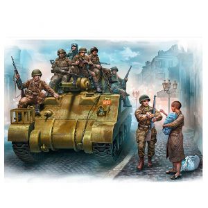 MASTER BOX 1/35 figure  Bebeği Olan Kadına Yardım - ABD Paraşütçüler ve İngiliz Tankçıları, Fransa, 1944