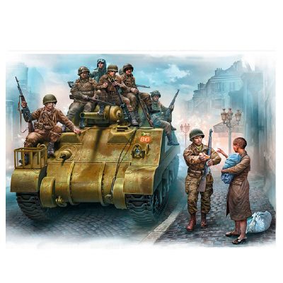 MASTER BOX 1/35 figure  Bebeği Olan Kadına Yardım - ABD Paraşütçüler ve İngiliz Tankçıları, Fransa, 1944